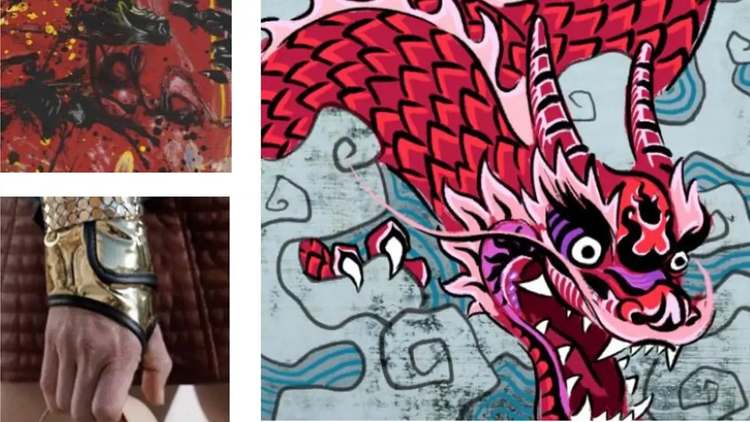 An abstract dragon art piece, a cartoon dragon, and a hand in a dragon-scale gauntlet.