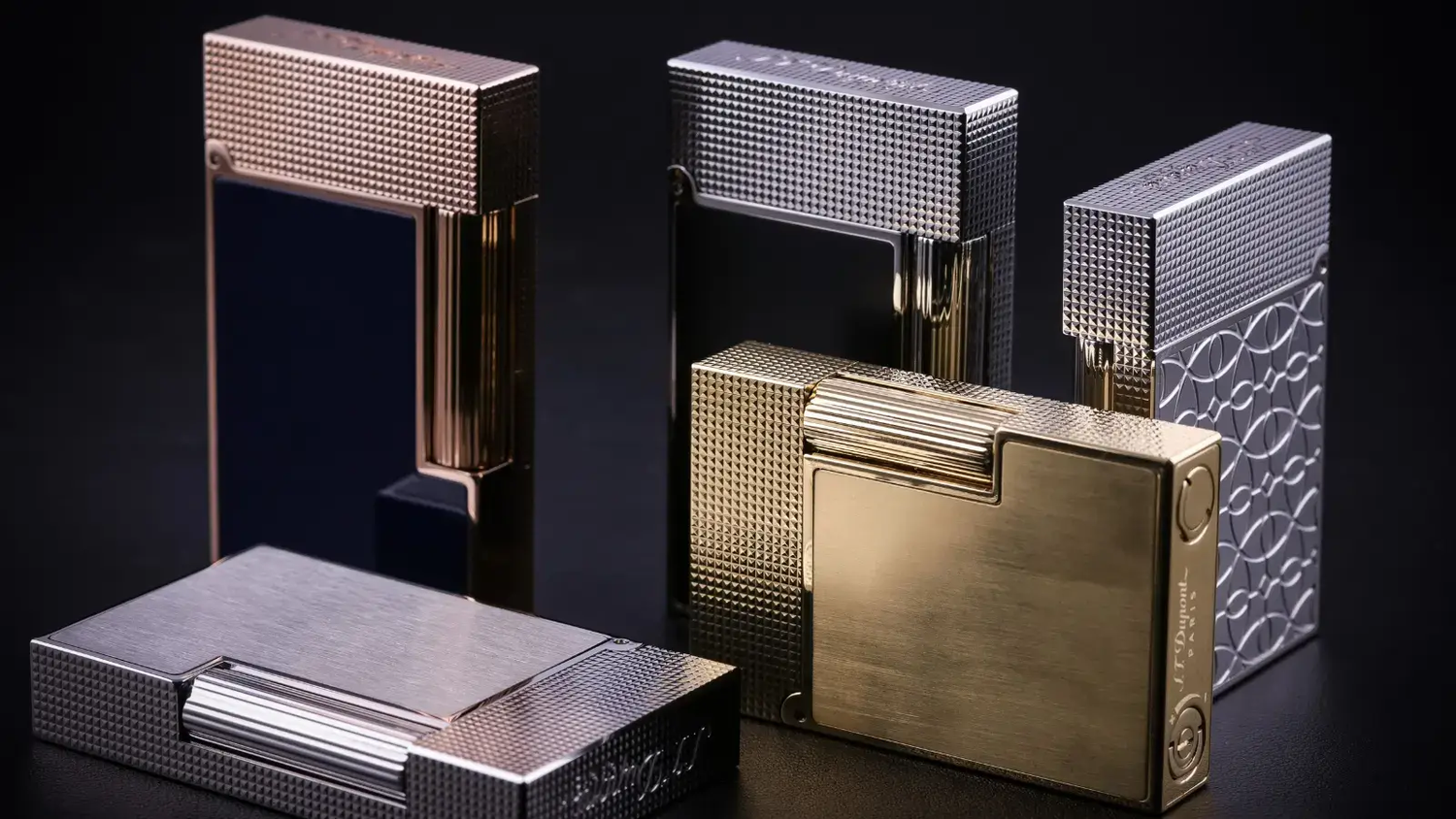 S.T. Dupont Ligne 2 Perfect Ping lighters with diamondhead guilloche with Gold, Palladium and Rose Gold finishes.