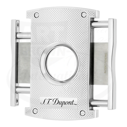 S.T. Dupont dual blade spring mechansim cigar cutter in chrome with gridline pattern with blades opened