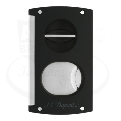 S.T. Dupont spring action double blade cigar cutter with a straight blade a a v-cut blade in black seen from the front