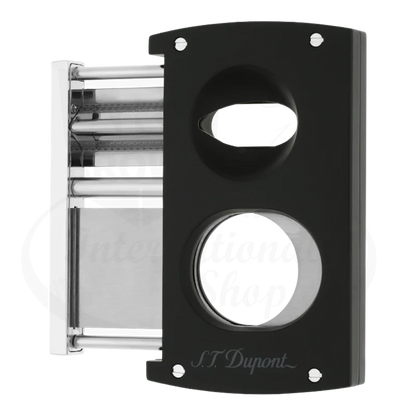 S.T. Dupont spring action double blade cigar cutter with a straight blade a a v-cut blade in black with blade extended