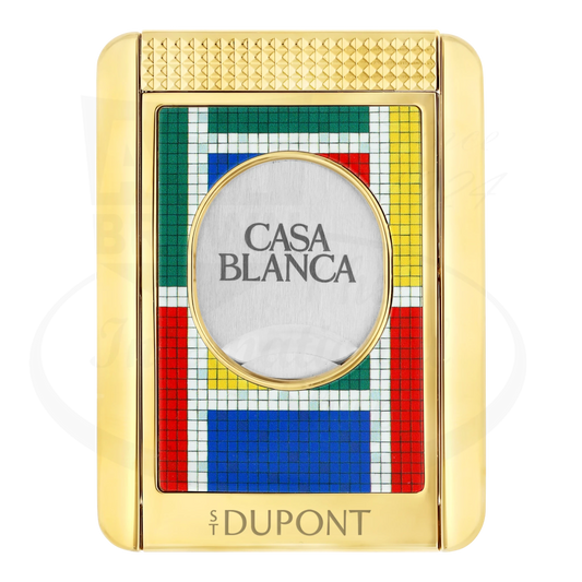 S.T. Dupont x Casablanca gold cigar cutter with stand, seen from the front showcasing Casablaca and S.T. Dupont branding and multicolored mosaic motif.