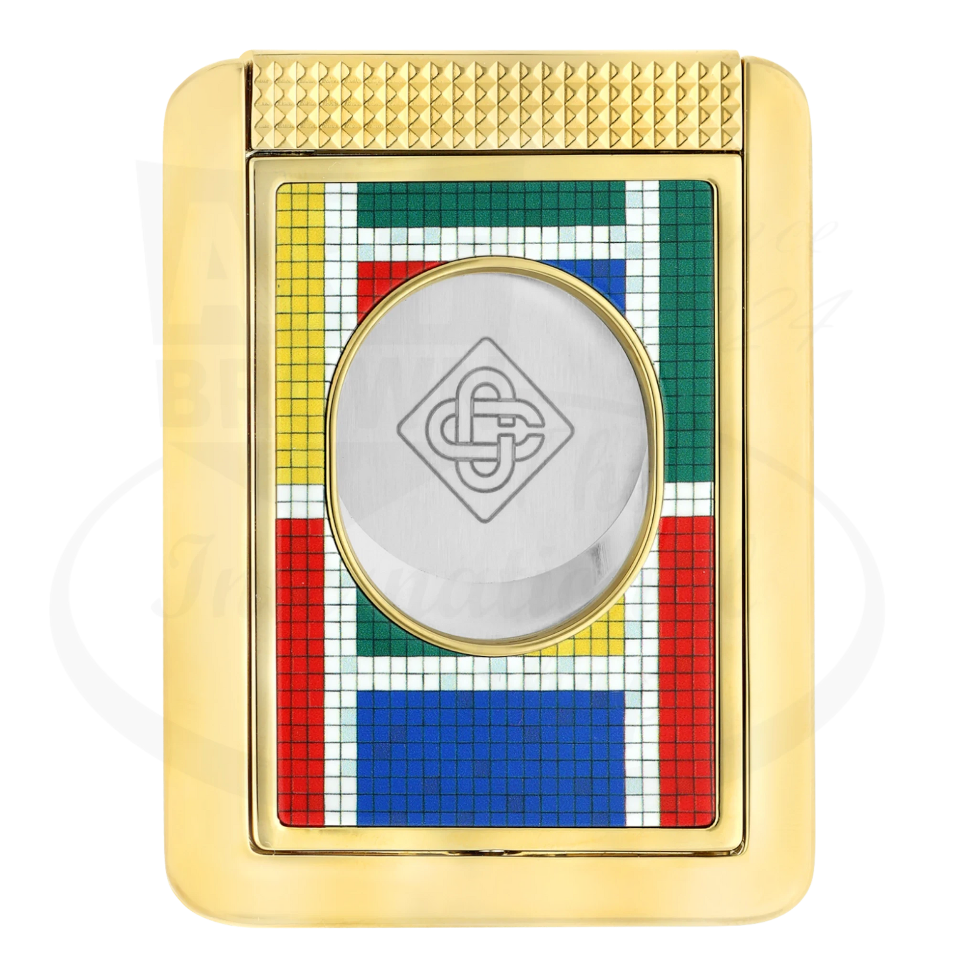 S.T. Dupont x Casablanca gold cigar cutter with stand, seen from the back showcasing Casablaca logo and multicolored mosaic motif.