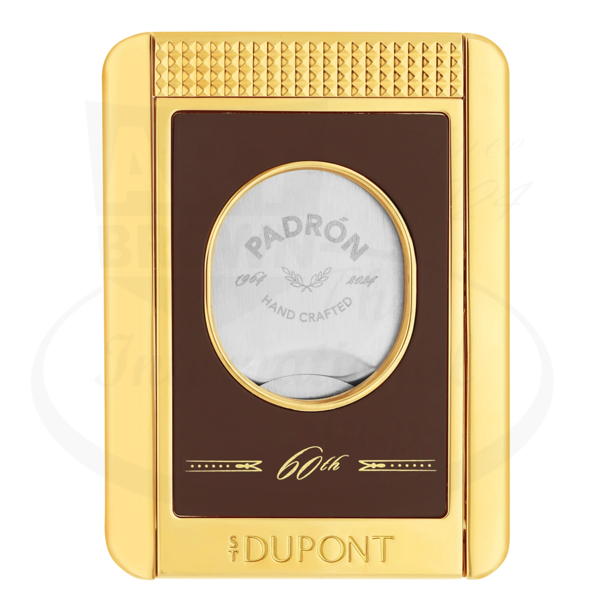 S.T. Dupont x Padron limited edition cigar cutter with stand, 003454, finished with brown lacquer and gold accents, seen from the front.