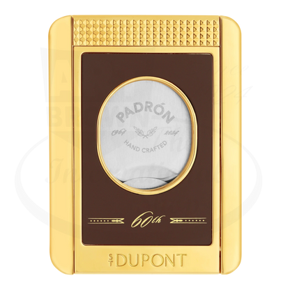 S.T. Dupont x Padron limited edition cigar cutter with stand, 003454, finished with brown lacquer and gold accents, seen from the front.