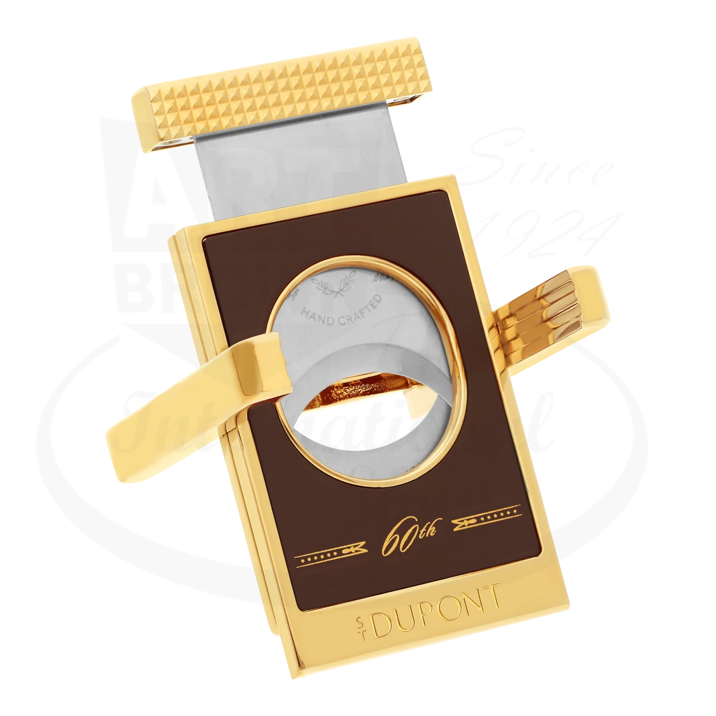 S.T. Dupont x Padron limited edition cigar cutter with stand, 003454, finished with brown lacquer and gold accents, seen with blade pulled up.