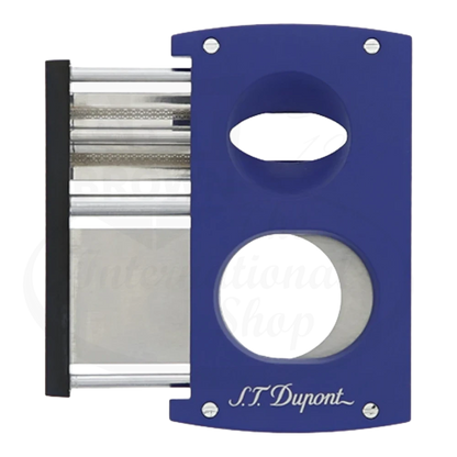 S.T. Dupont spring activated v-cut cigar cutter with ocean blue and black finish with blades open seen from the front