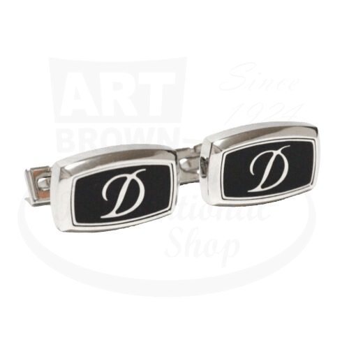 S.T. Dupont 005502 palladium cufflinks featuring black lacquer rectangular faces with silver D logo, elegant dual-tone design with polished finish