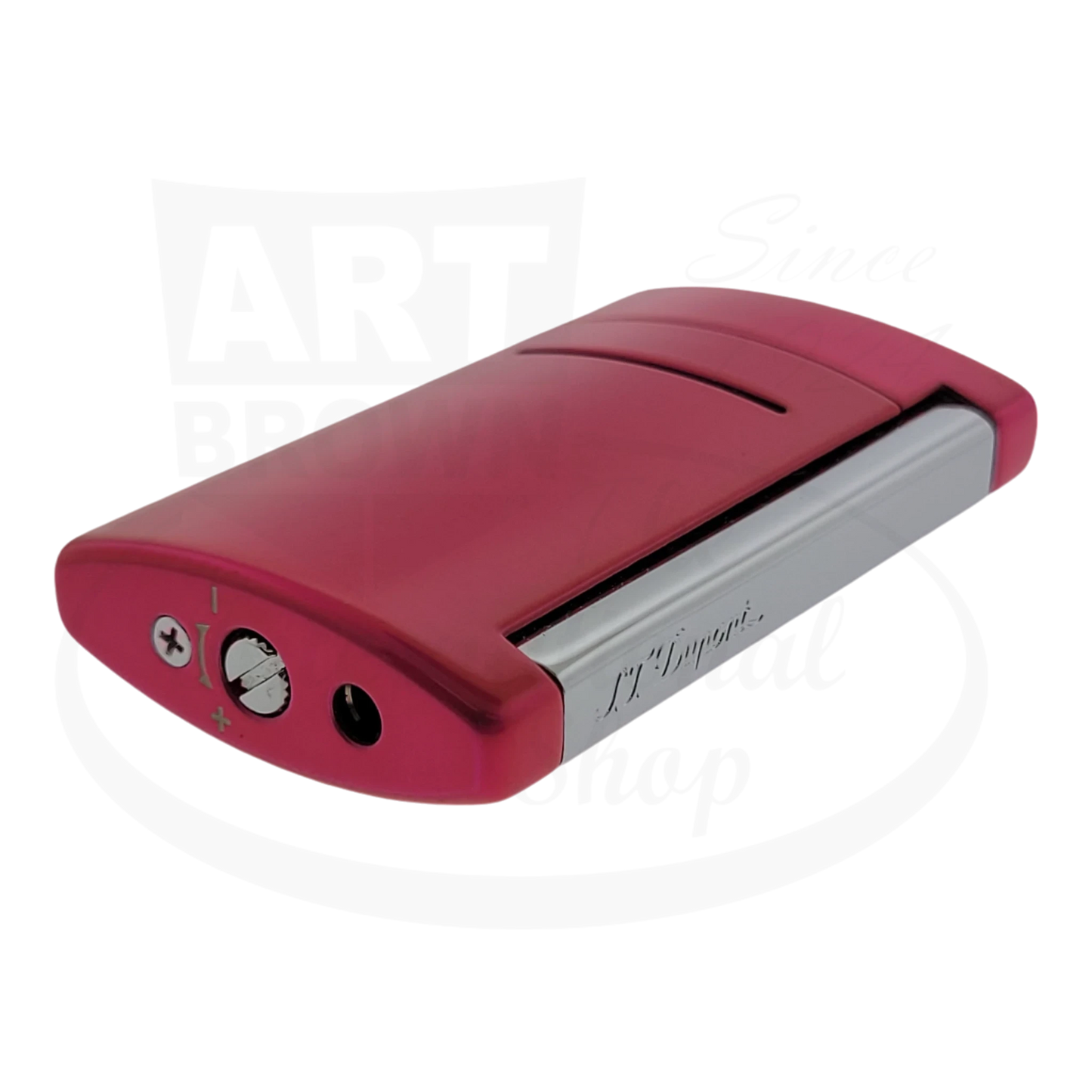 Bottom view of S.T. Dupont Minijet metallic pink lighter, model 010051.