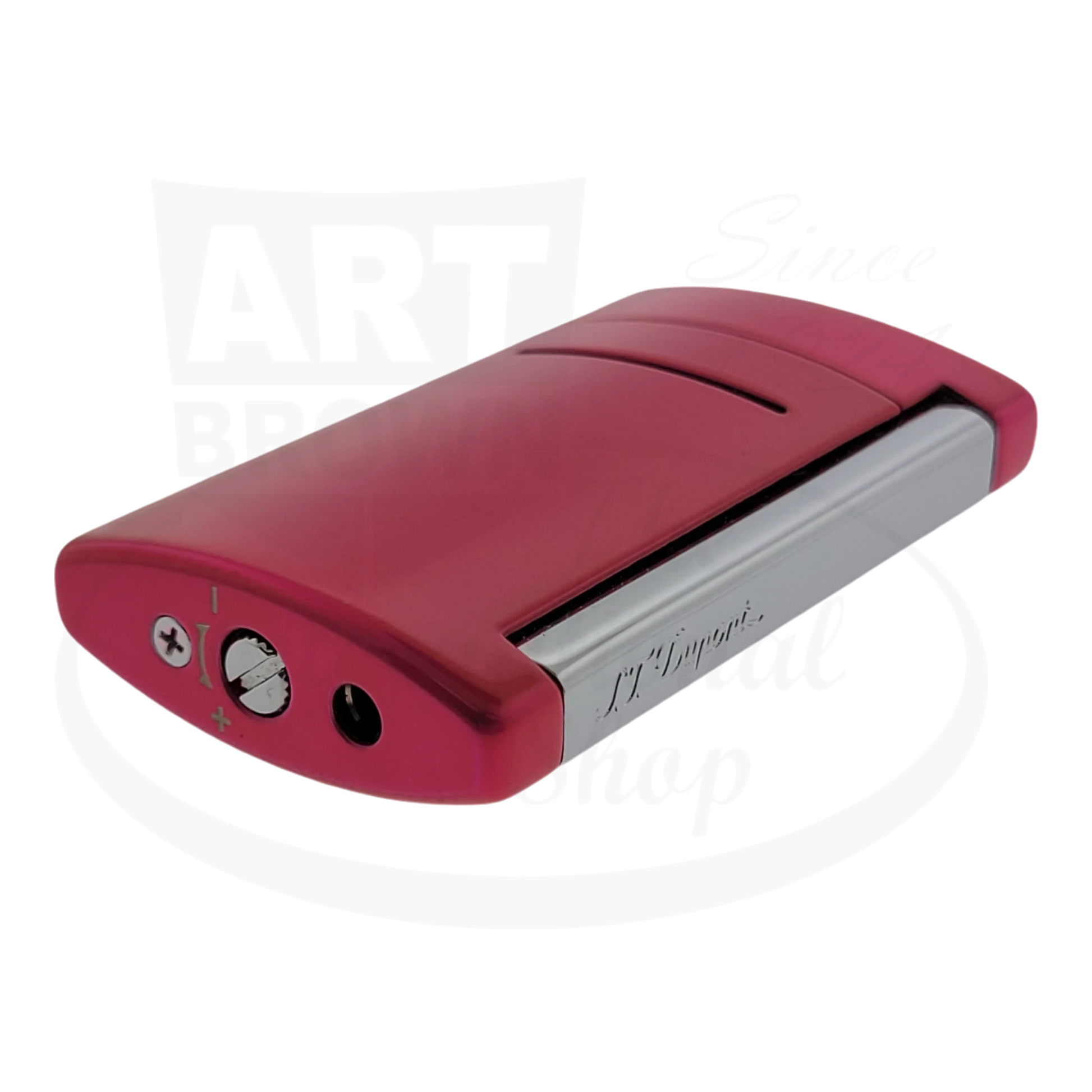 Bottom view of S.T. Dupont Minijet metallic pink lighter, model 010051.