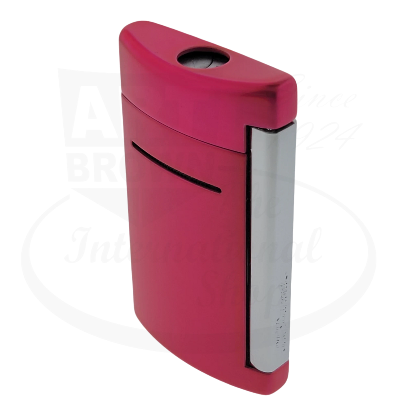 Side view of S.T. Dupont Minijet metallic pink lighter, model 010051.