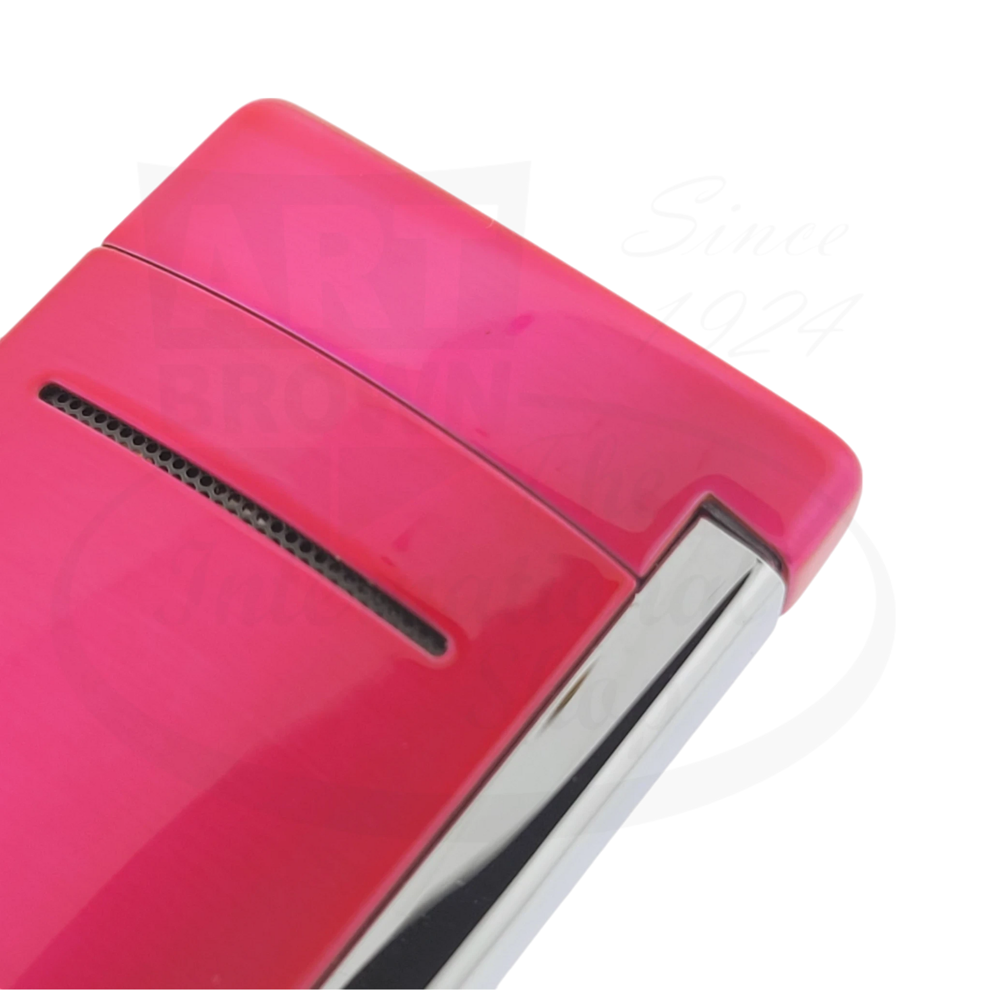 Close up view of S.T. Dupont Minijet metallic pink lighter, model 010051.