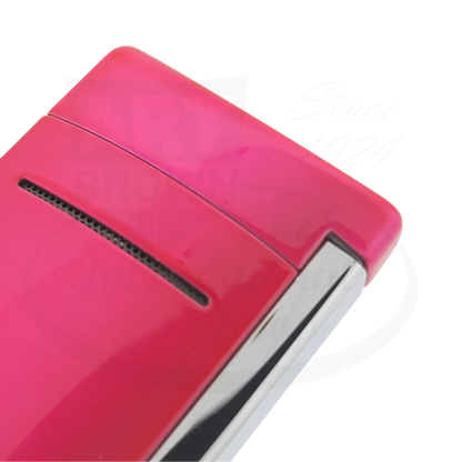 Close up view of S.T. Dupont Minijet metallic pink lighter, model 010051.