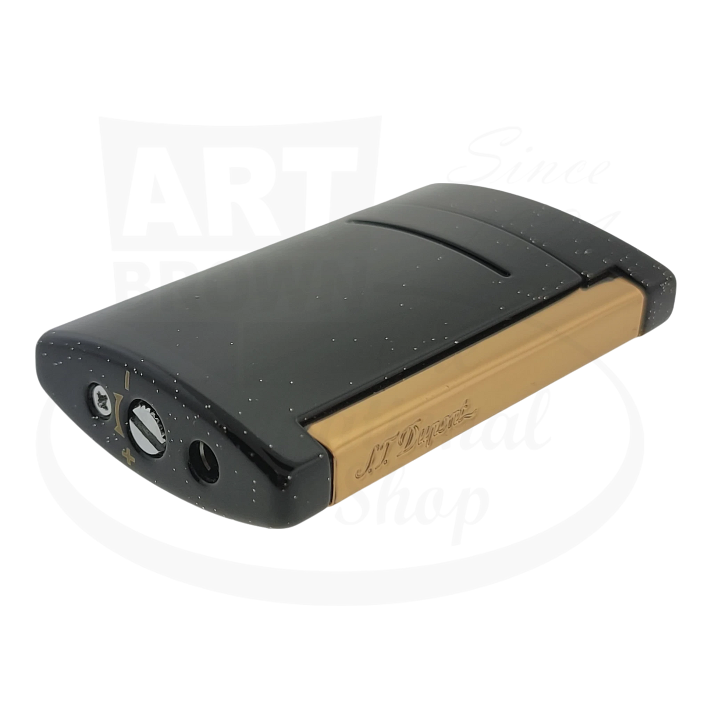 Side view of S.T. Dupont Minijet lighter in black with silver dust and gold trim, 010058.