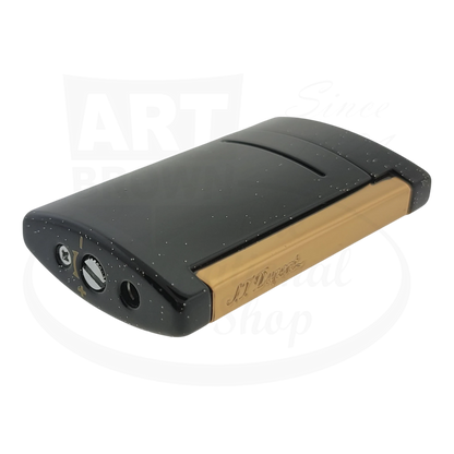 Side view of S.T. Dupont Minijet lighter in black with silver dust and gold trim, 010058.