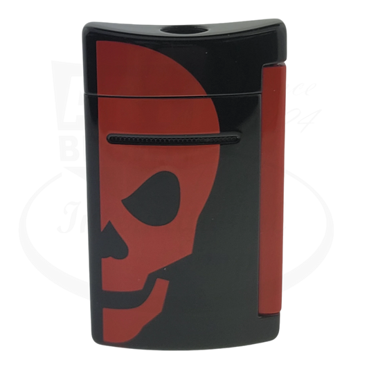 Full front of S.T. Dupont Minijet black lighter with red skull design, 010062.