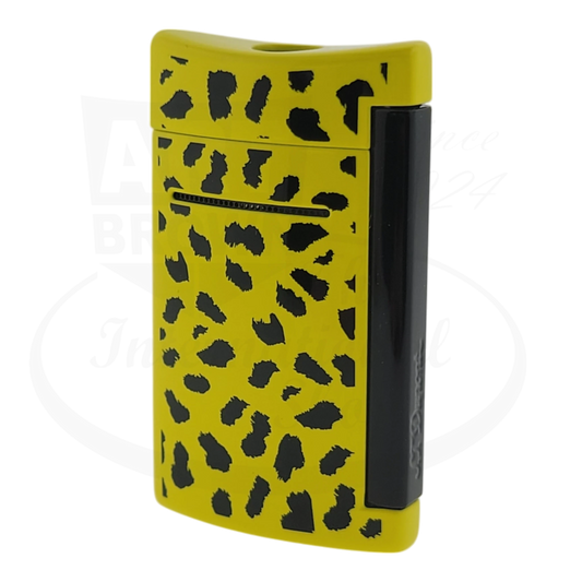 S.T. Dupont minijet lighter with leopard print, seen from front right.