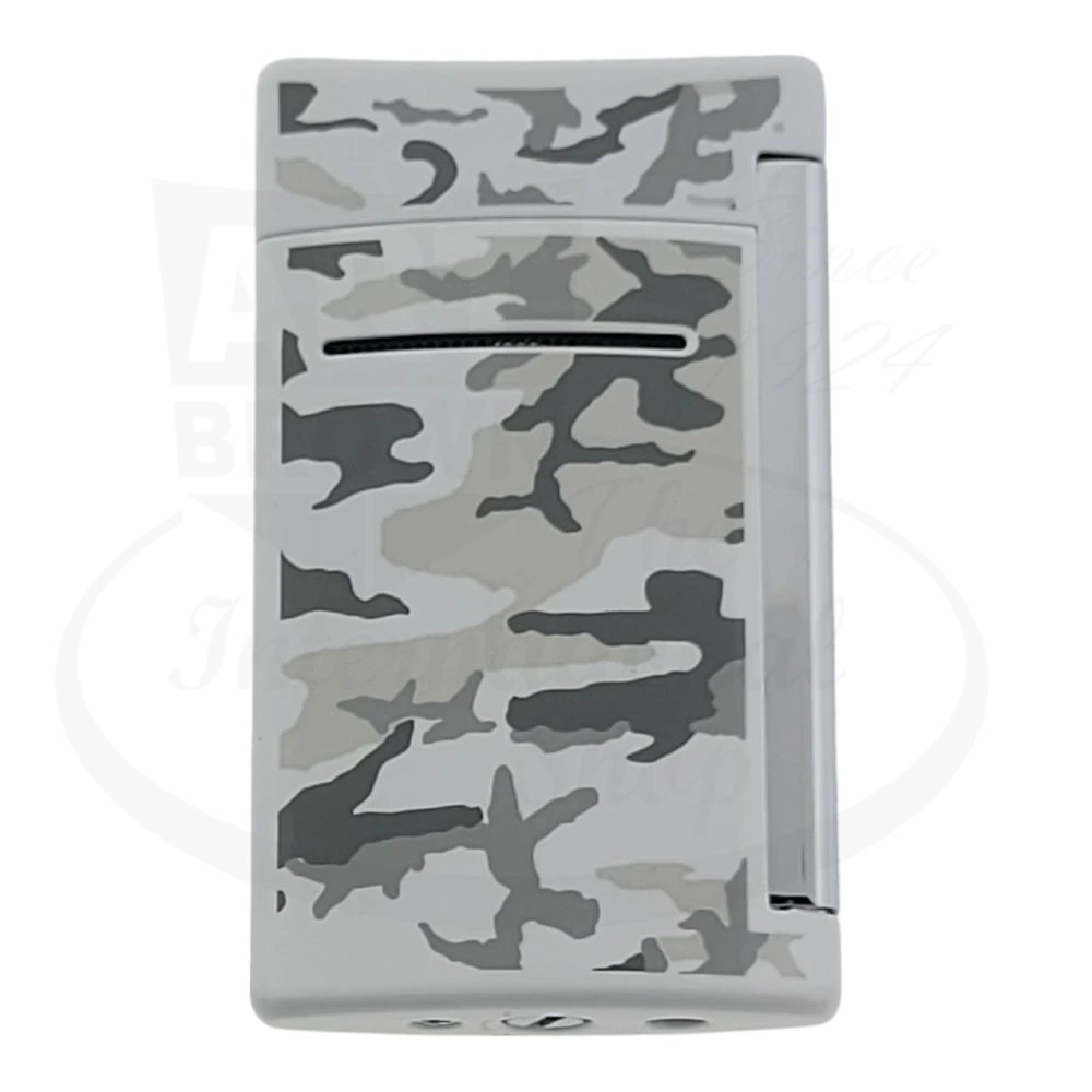 Front of S.T. Dupont minijet torch lighter with white camoflague pattern