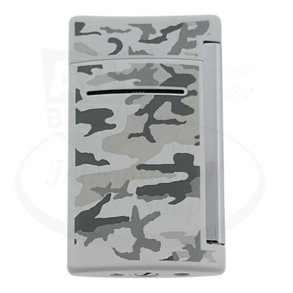 Front of S.T. Dupont minijet torch lighter with white camoflague pattern