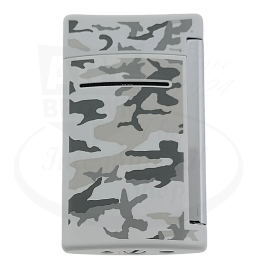 Front of S.T. Dupont minijet torch lighter with white camoflague pattern