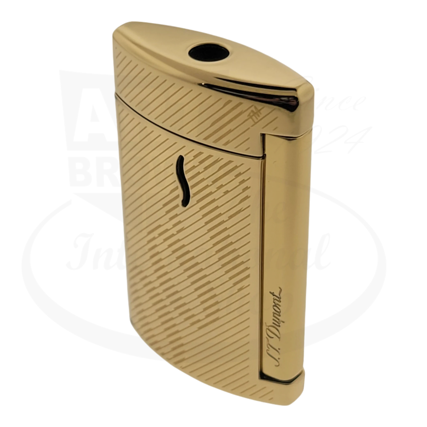 S.T. Dupont Minijet 007 Gold angled view, sleek gold-tone jet lighter with iconic 007 branding, model 010113.