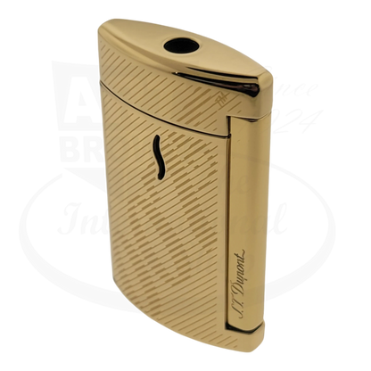 S.T. Dupont Minijet 007 Gold angled view, sleek gold-tone jet lighter with iconic 007 branding, model 010113.