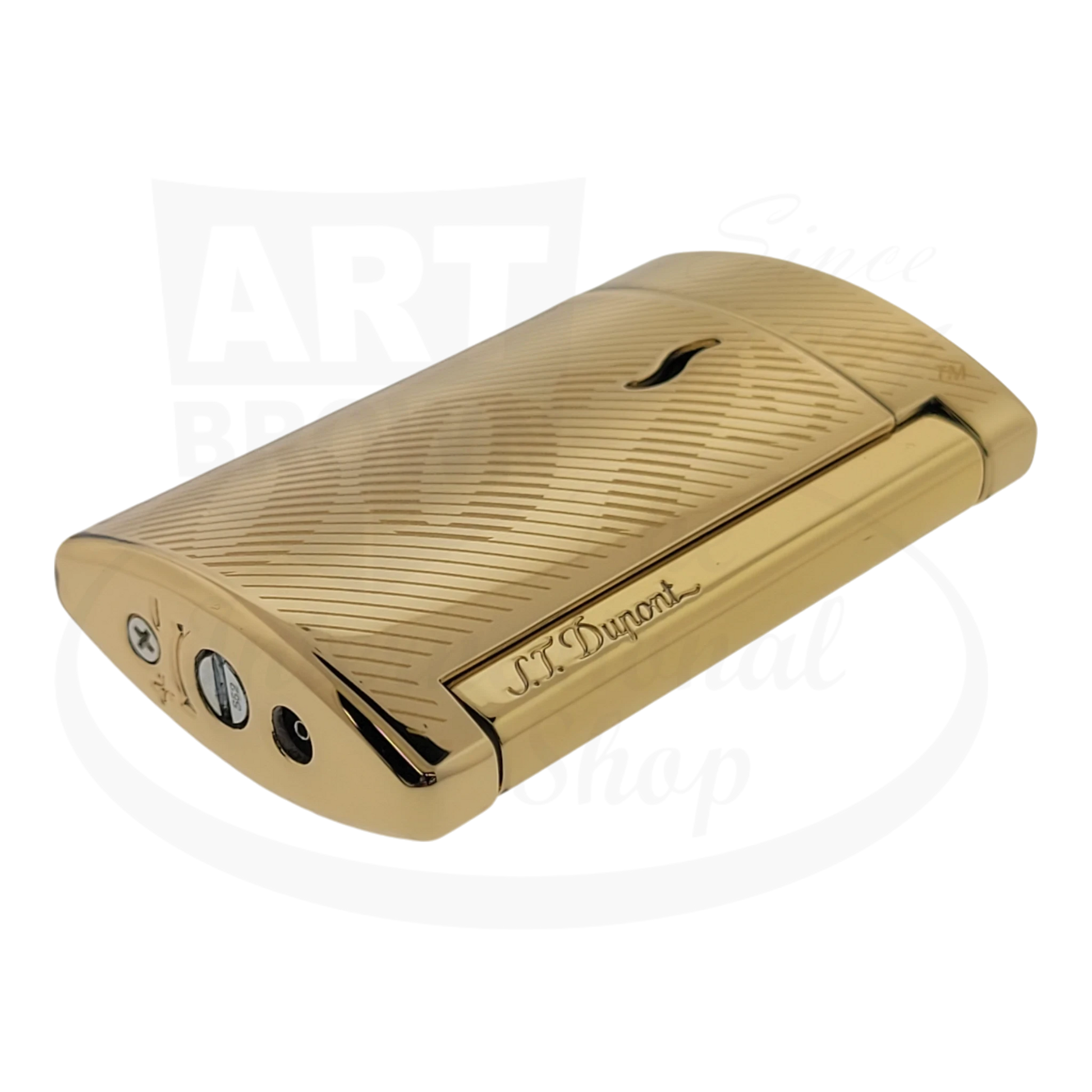 S.T. Dupont Minijet 007 Gold side view, compact luxury jet lighter with S.T. Dupont engraving, model 010113.