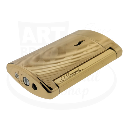 S.T. Dupont Minijet 007 Gold side view, compact luxury jet lighter with S.T. Dupont engraving, model 010113.