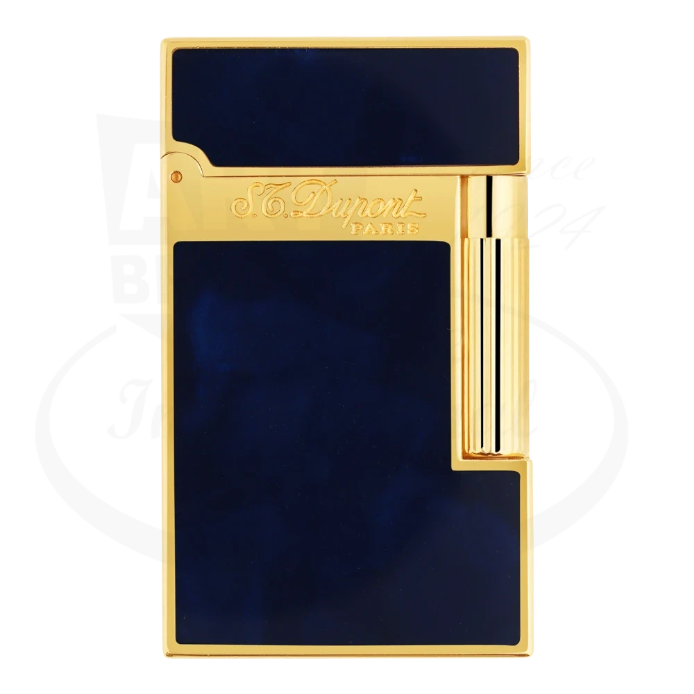 S.T. Dupont Atelier Line 2 lighter with dark blue lacquer and gold finish, seen from the front.