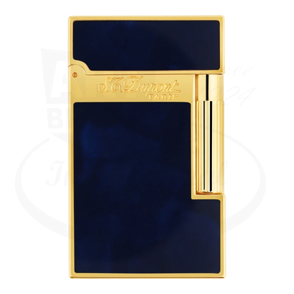 S.T. Dupont Atelier Line 2 lighter with dark blue lacquer and gold finish, seen from the front.