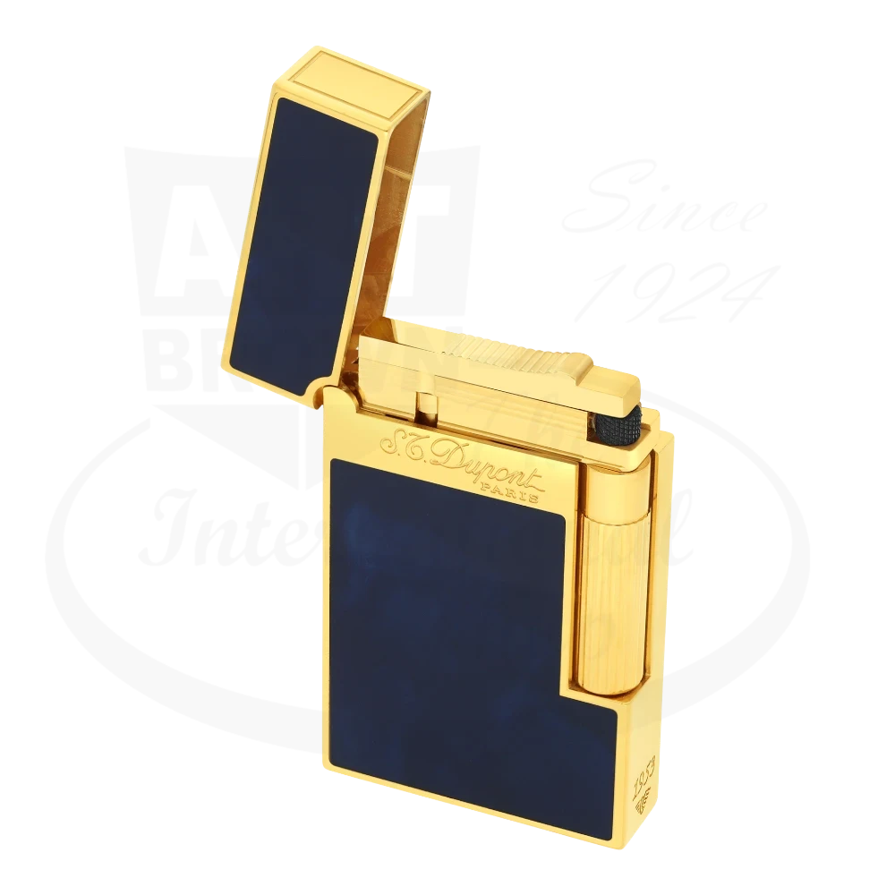 S.T. Dupont Atelier Line 2 lighter with dark blue lacquer and gold finish, seen from an angle with the lid opened.