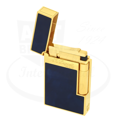 S.T. Dupont Atelier Line 2 lighter with dark blue lacquer and gold finish, seen from an angle with the lid opened.