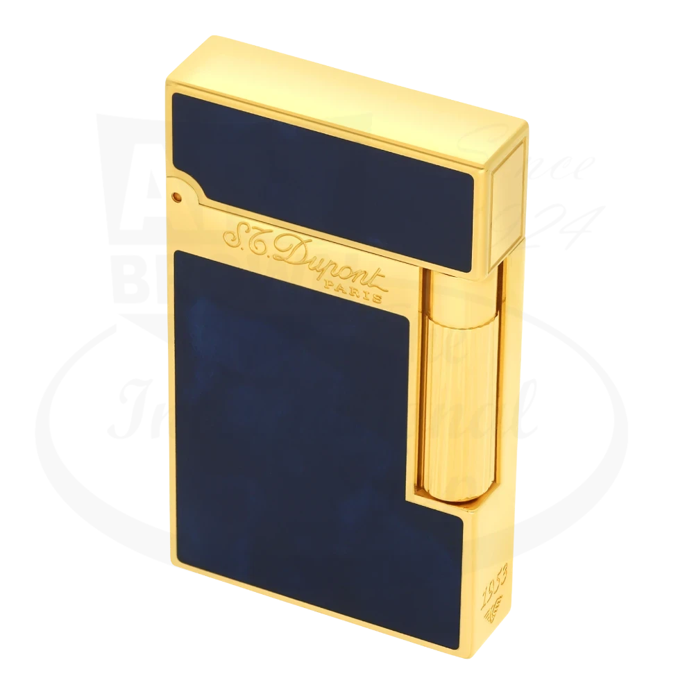 S.T. Dupont Atelier Line 2 lighter with dark blue lacquer and gold finish, seen from an angle with lid closed.