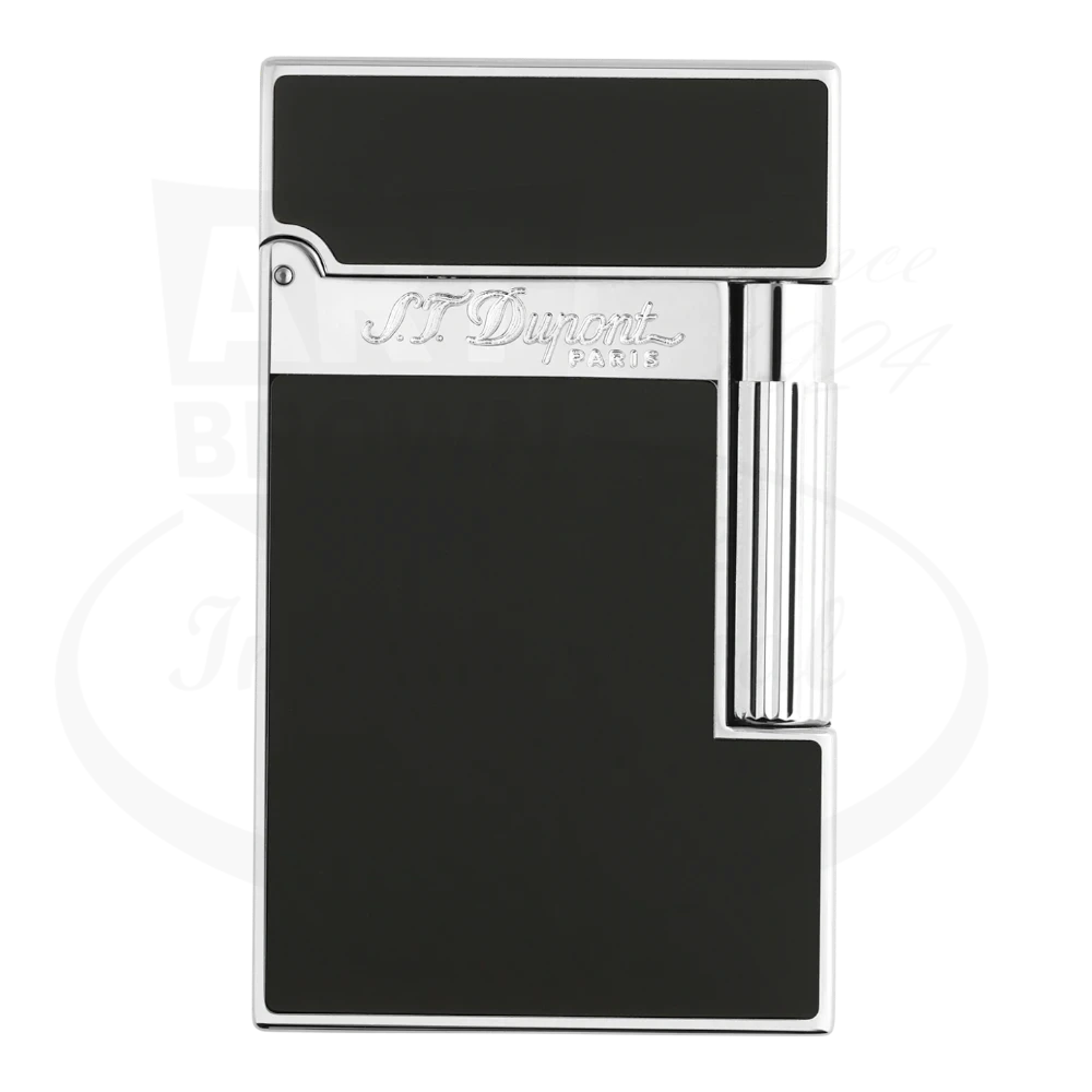 S.T. Dupont Ligne 2 lighter with shiny black lacquer and palladium accents seen from the front.