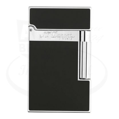 S.T. Dupont Ligne 2 lighter with shiny black lacquer and palladium accents seen from the front.