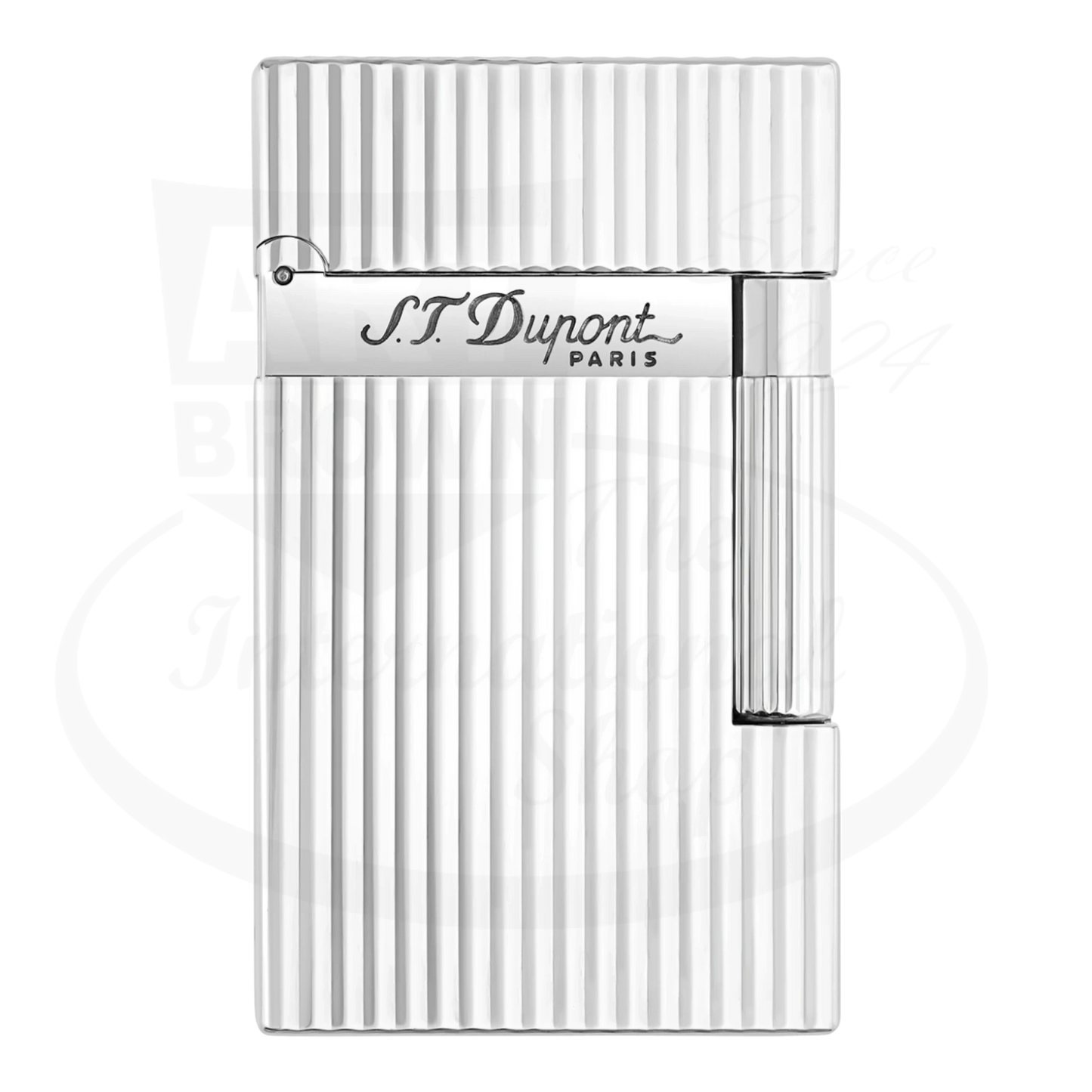 S.T. Dupont Ligne 2 lighter with a vertical line guilloche and silver plating, seen from the front showing S.T. Dupont engraving.