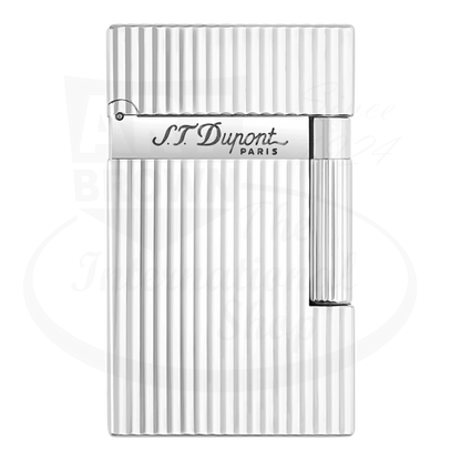 S.T. Dupont Ligne 2 lighter with a vertical line guilloche and silver plating, seen from the front showing S.T. Dupont engraving.