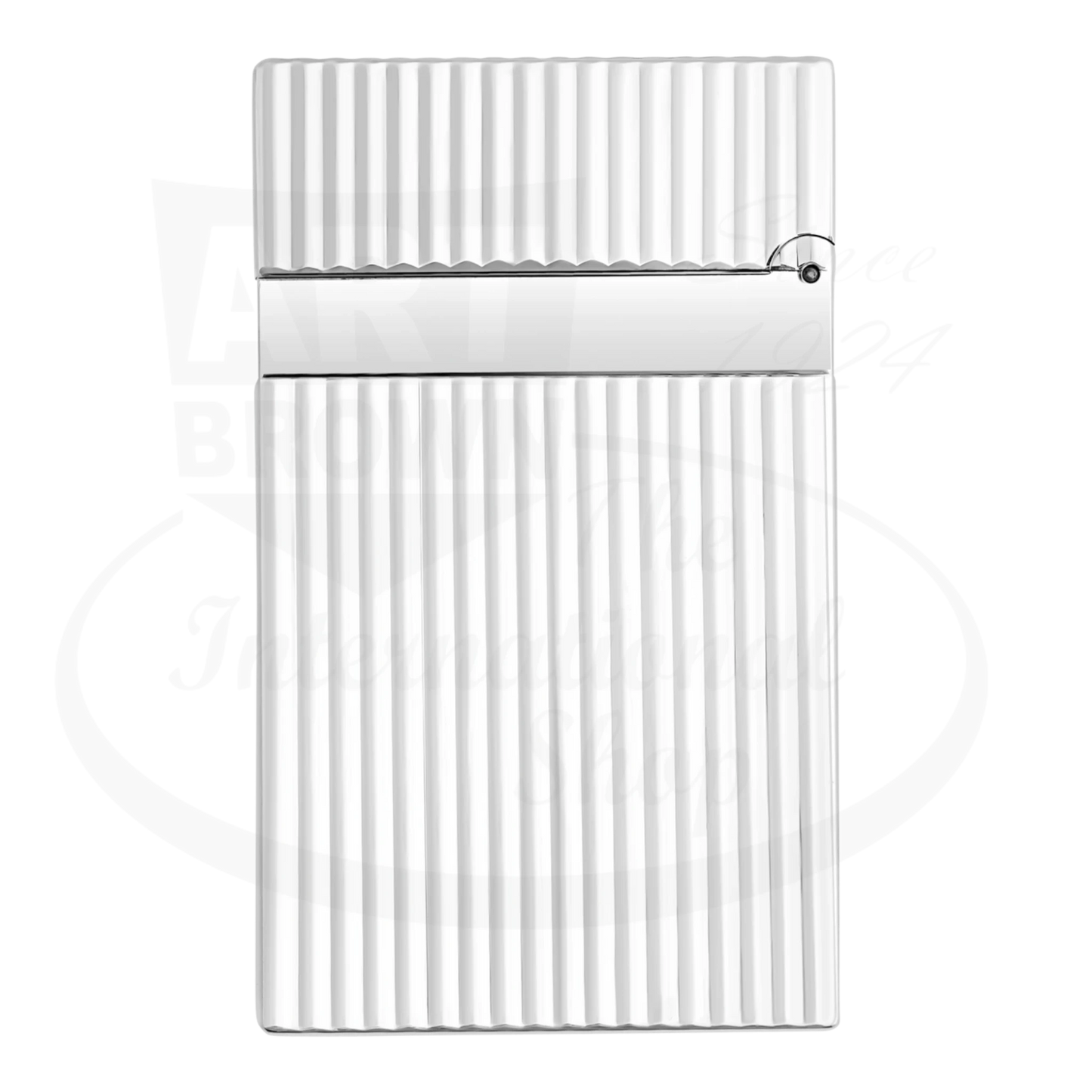 S.T. Dupont Ligne 2 lighter with a vertical line guilloche and silver plating, seen from the back.