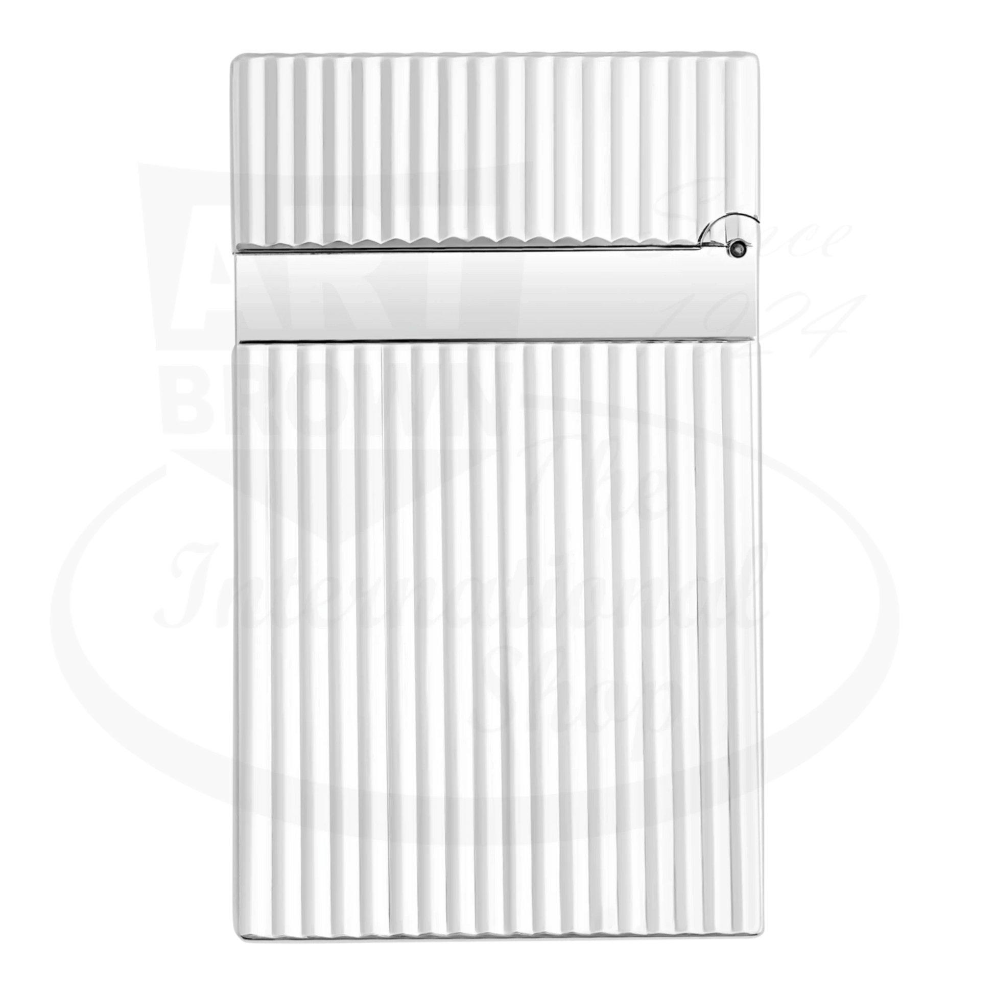 S.T. Dupont Ligne 2 lighter with a vertical line guilloche and silver plating, seen from the back.