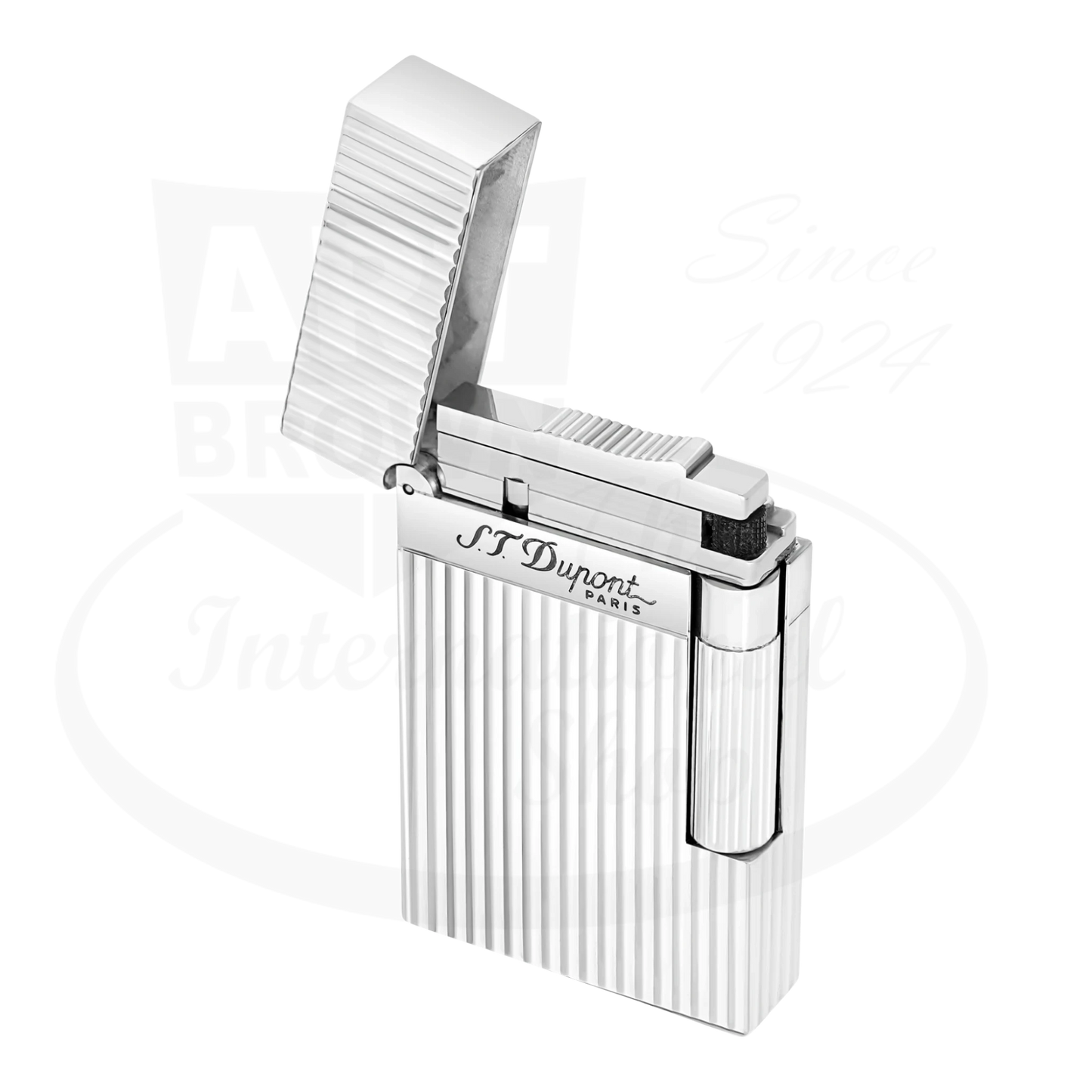 S.T. Dupont Ligne 2 lighter with a vertical line guilloche and silver plating, seen from the front with lid opened.