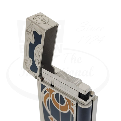 S.T. Dupont Limited Edition Casa Fenoglio luxury cigar lighter with natural orange lacquer, blue lacquer, and palladium finish inside of the lid