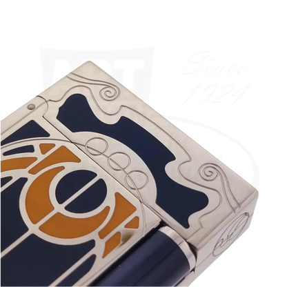 Corner of S.T. Dupont Limited Edition Casa Fenoglio luxury cigar lighter with natural orange lacquer, blue lacquer, and palladium finish. 