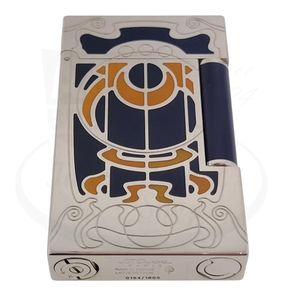 S.T. Dupont Limited Edition Casa Fenoglio luxury cigar lighter with natural orange lacquer, blue lacquer, and palladium finish. Top view 