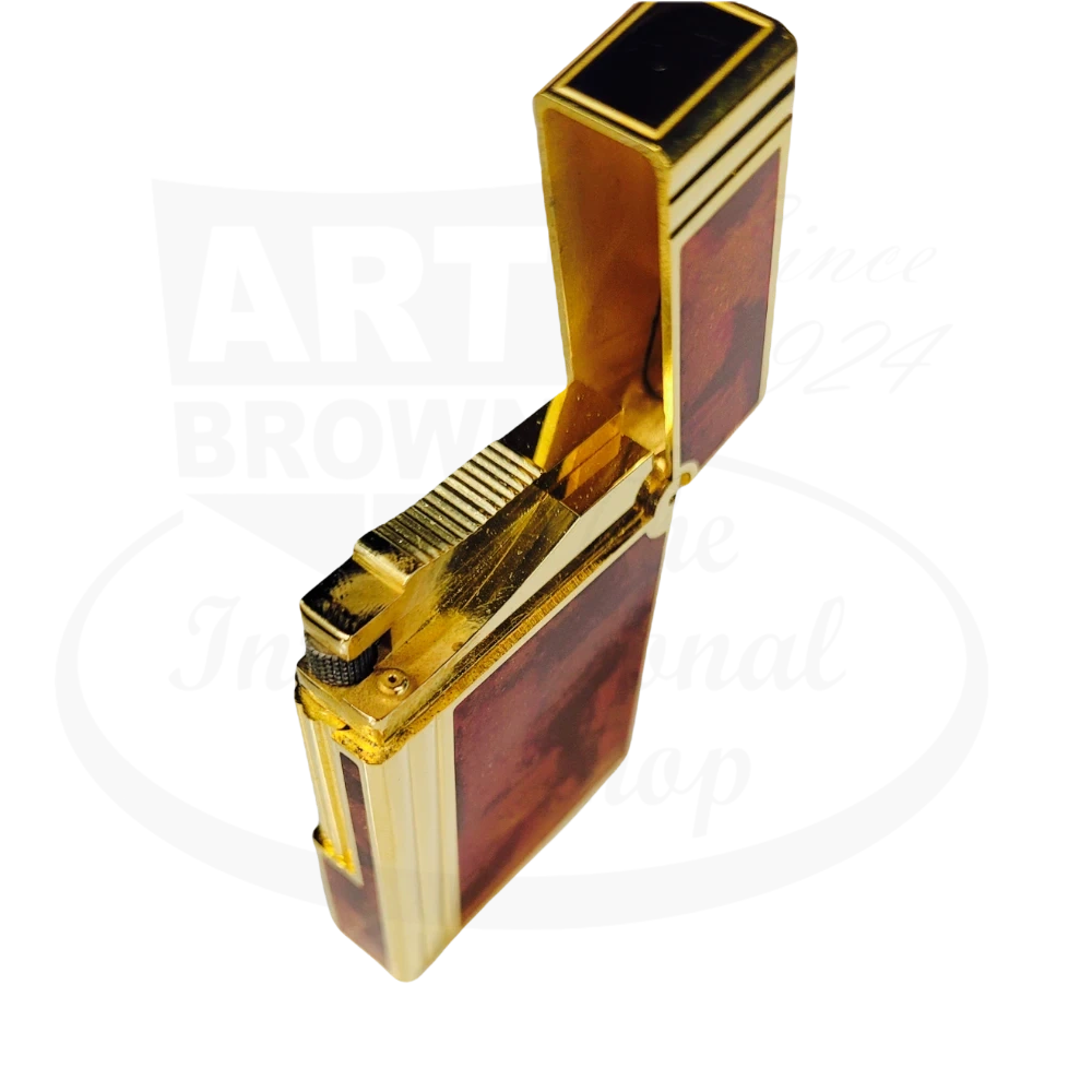 S.T .Dupont Gatsby lighter with orange lacquer and gold finish 018577 seen from the back with lid open.