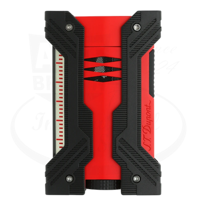 S.T. Dupont Defi XXtreme double flame torch lighter in red and black seen from the front with viewing window and Dupont signature.