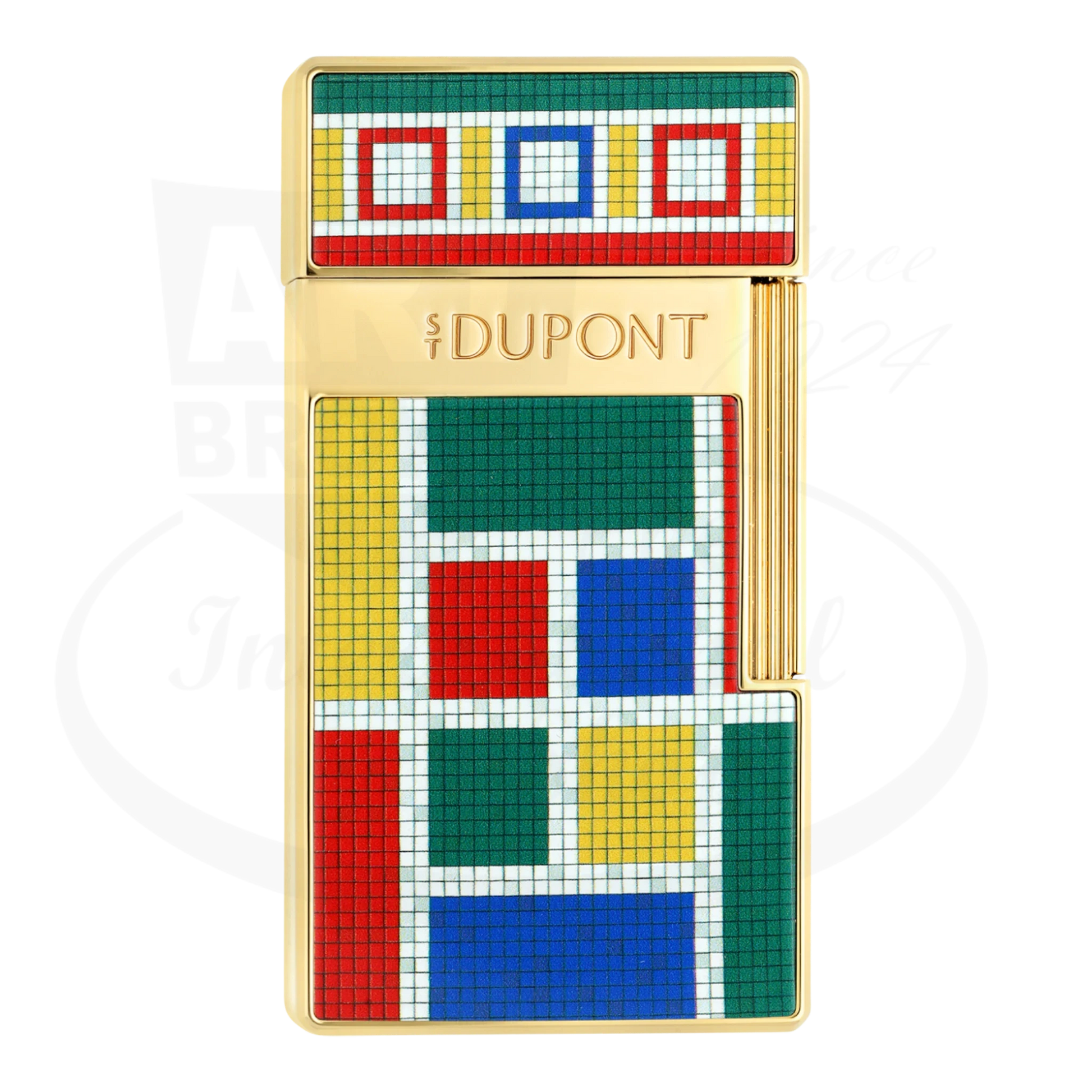 S.T. Dupont x Casablanca gold biggy torch lighter, seen from the front showcasing S.T. Dupont branding and multicolored mosaic motif.