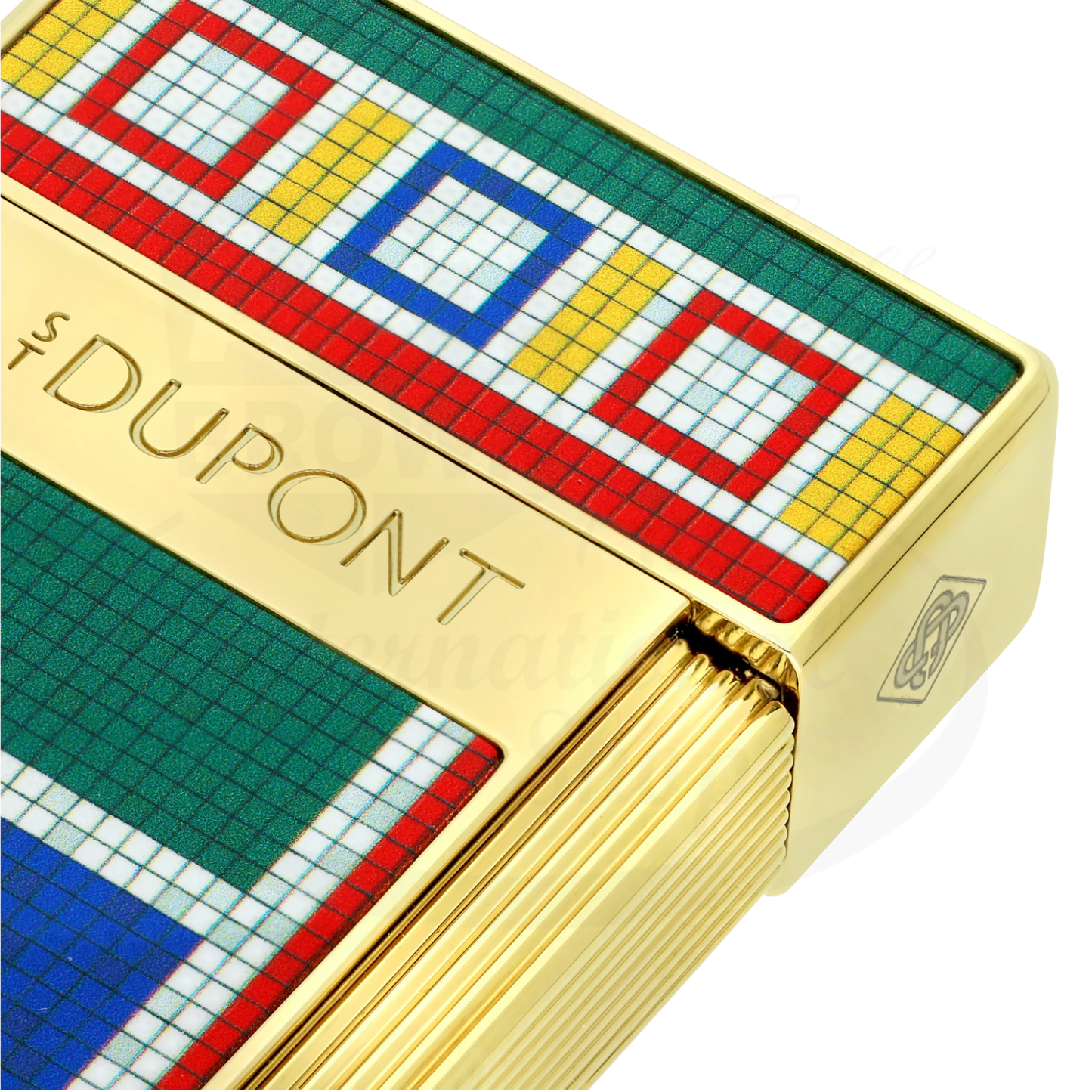 Closeup of S.T. Dupont x Casablanca gold biggy torch lighter,  showcasing S.T. Dupont branding and detail of multicolored mosaic motif.