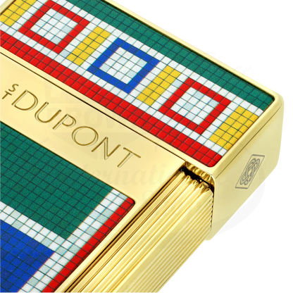 Closeup of S.T. Dupont x Casablanca gold biggy torch lighter,  showcasing S.T. Dupont branding and detail of multicolored mosaic motif.