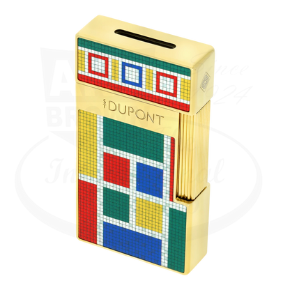 S.T. Dupont x Casablanca gold biggy torch lighter, seen from anangle  showcasing S.T. Dupont branding and multicolored mosaic motif.