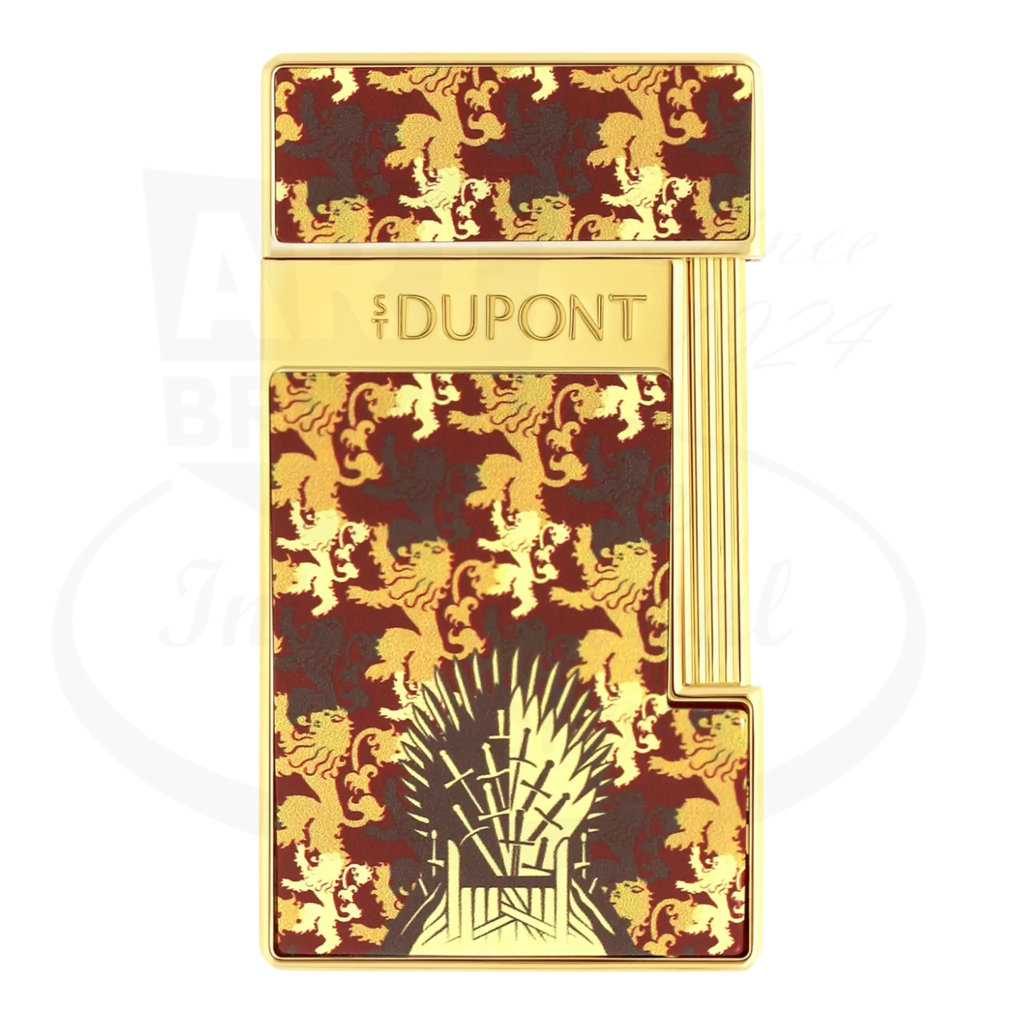 S.T. Dupont x Game of Thrones Slimmy torch lighter with red and gold lion motif, iron throne, and gold finish, seen from the front.